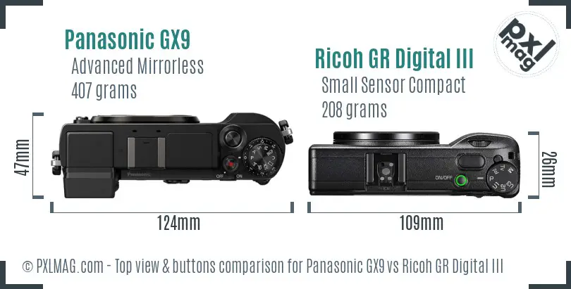 Panasonic GX9 vs Ricoh GR Digital III top view buttons comparison