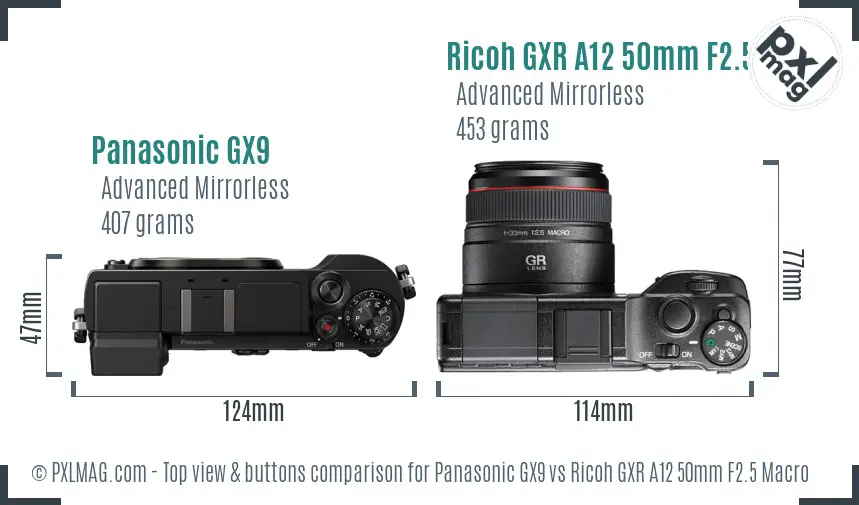 Panasonic GX9 vs Ricoh GXR A12 50mm F2.5 Macro top view buttons comparison