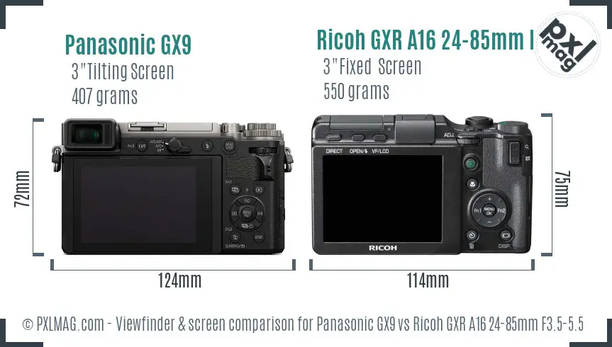 Panasonic GX9 vs Ricoh GXR A16 24-85mm F3.5-5.5 Screen and Viewfinder comparison Panasonic GX9 vs Ricoh GXR A16 24-85mm F3.5-5.5 Screen and Viewfinder comparison