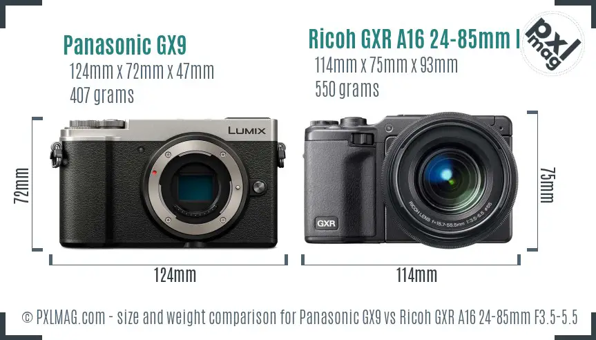 Panasonic GX9 vs Ricoh GXR A16 24-85mm F3.5-5.5 size comparison Panasonic GX9 vs Ricoh GXR A16 24-85mm F3.5-5.5 size comparison