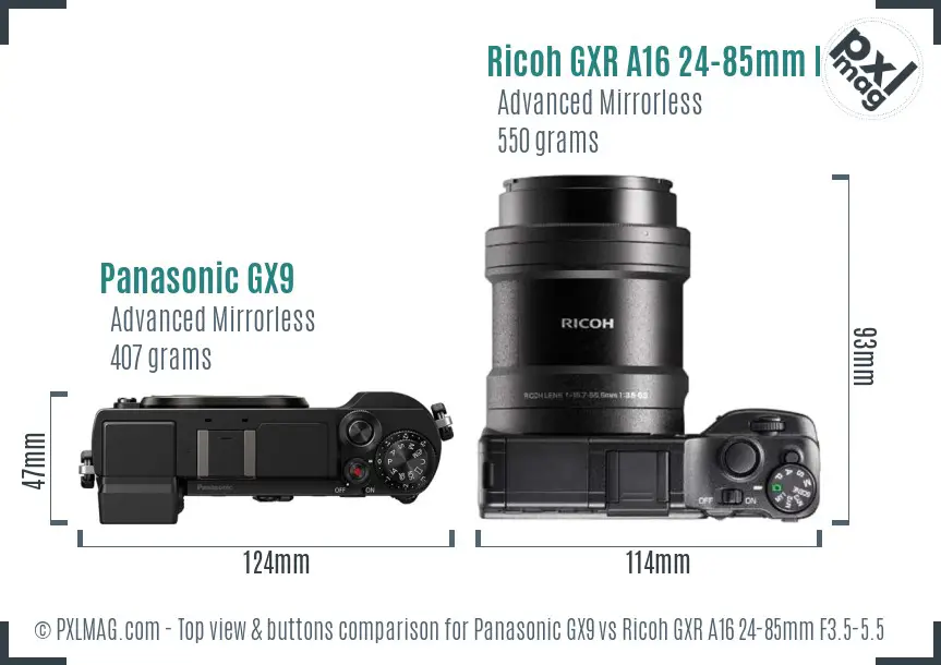 Panasonic GX9 vs Ricoh GXR A16 24-85mm F3.5-5.5 top view buttons comparison Panasonic GX9 vs Ricoh GXR A16 24-85mm F3.5-5.5 top view buttons comparison