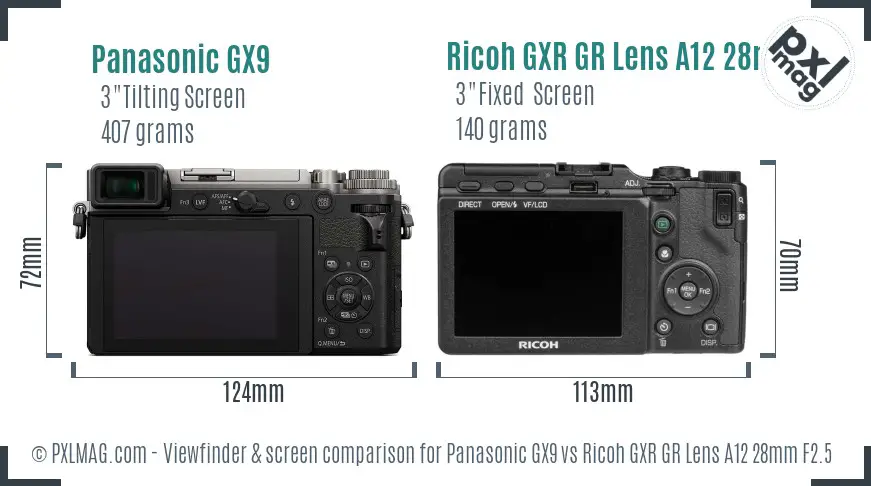 Panasonic GX9 vs Ricoh GXR GR Lens A12 28mm F2.5 Screen and Viewfinder comparison