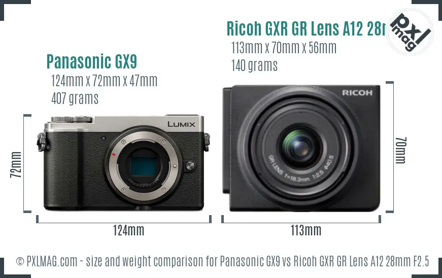 Panasonic GX9 vs Ricoh GXR GR Lens A12 28mm F2.5 size comparison