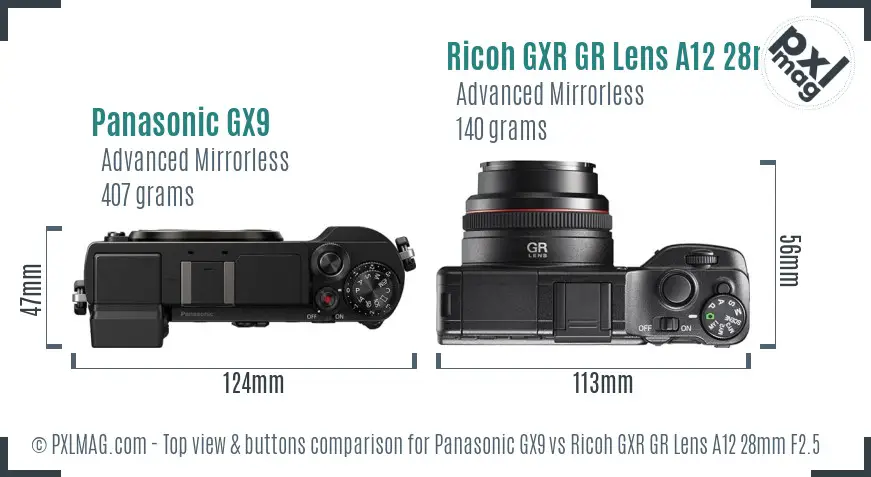 Panasonic GX9 vs Ricoh GXR GR Lens A12 28mm F2.5 top view buttons comparison