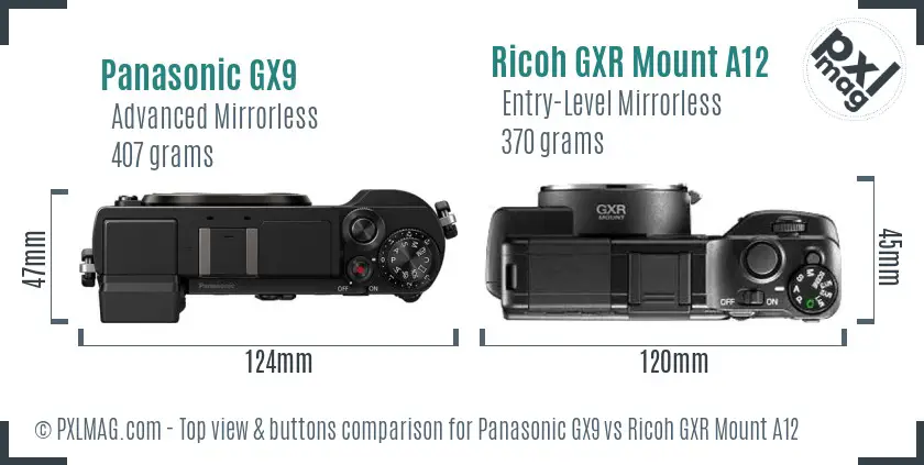 Panasonic GX9 vs Ricoh GXR Mount A12 top view buttons comparison