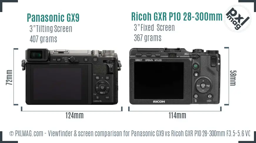 Panasonic GX9 vs Ricoh GXR P10 28-300mm F3.5-5.6 VC Screen and Viewfinder comparison