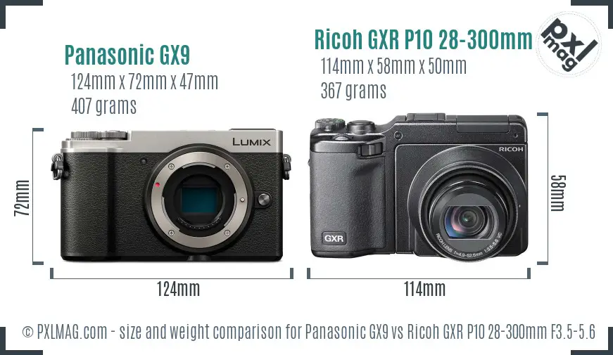 Panasonic GX9 vs Ricoh GXR P10 28-300mm F3.5-5.6 VC size comparison