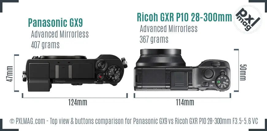 Panasonic GX9 vs Ricoh GXR P10 28-300mm F3.5-5.6 VC top view buttons comparison