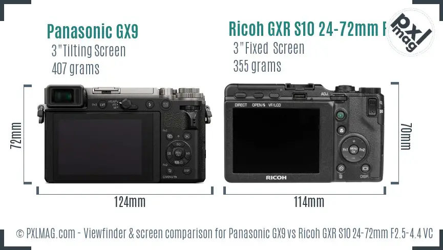Panasonic GX9 vs Ricoh GXR S10 24-72mm F2.5-4.4 VC Screen and Viewfinder comparison