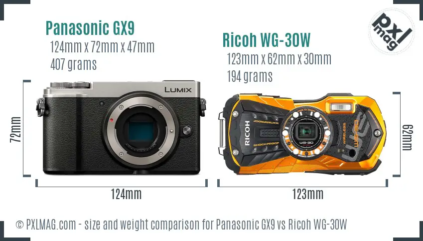 Panasonic GX9 vs Ricoh WG-30W size comparison