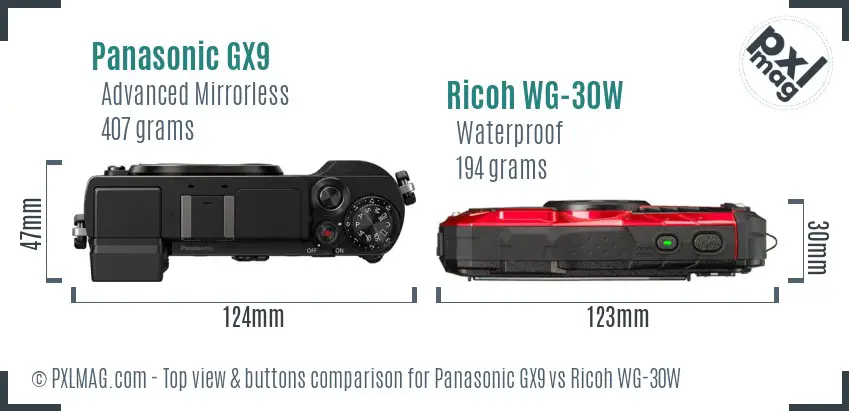 Panasonic GX9 vs Ricoh WG-30W top view buttons comparison