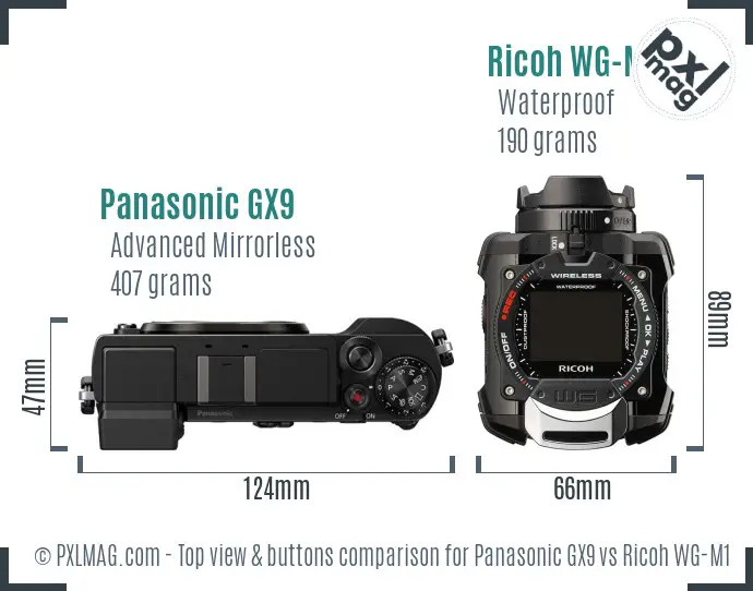Panasonic GX9 vs Ricoh WG-M1 top view buttons comparison Panasonic GX9 vs Ricoh WG-M1 top view buttons comparison