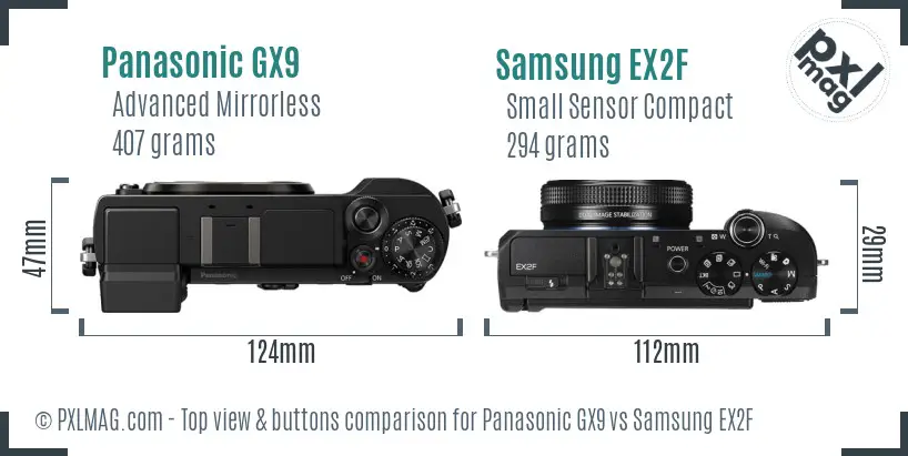 Panasonic GX9 vs Samsung EX2F top view buttons comparison