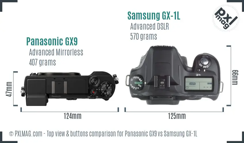 Panasonic GX9 vs Samsung GX-1L top view buttons comparison Panasonic GX9 vs Samsung GX-1L top view buttons comparison