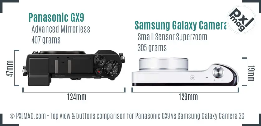 Panasonic GX9 vs Samsung Galaxy Camera 3G top view buttons comparison