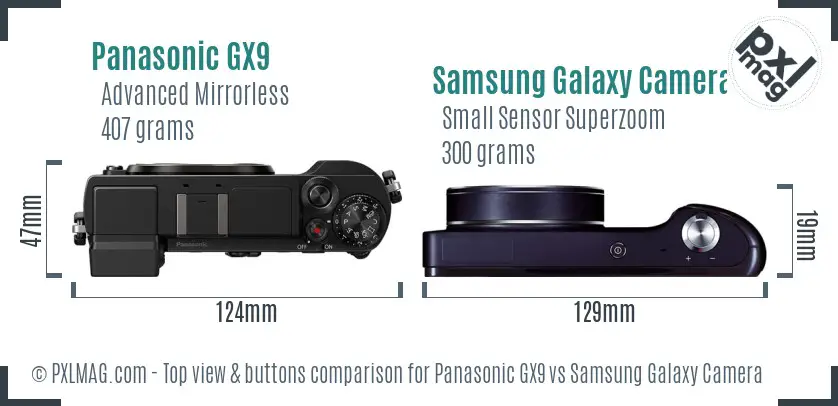 Panasonic GX9 vs Samsung Galaxy Camera top view buttons comparison Panasonic GX9 vs Samsung Galaxy Camera top view buttons comparison