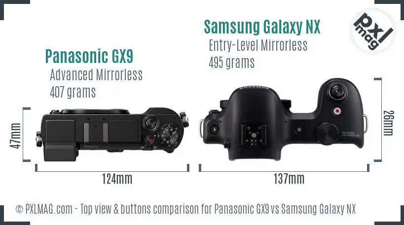 Panasonic GX9 vs Samsung Galaxy NX top view buttons comparison Panasonic GX9 vs Samsung Galaxy NX top view buttons comparison