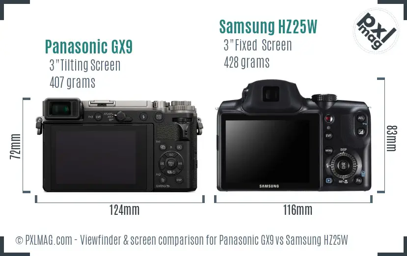 Panasonic GX9 vs Samsung HZ25W Screen and Viewfinder comparison