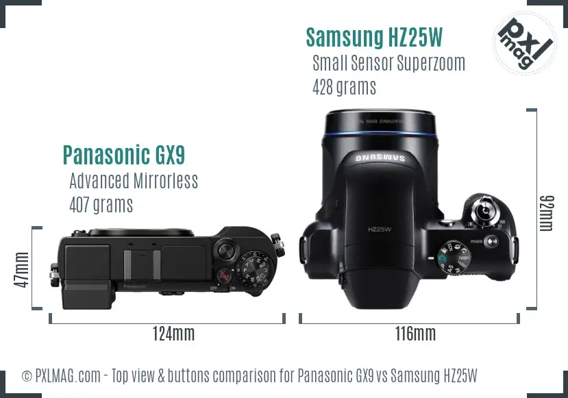 Panasonic GX9 vs Samsung HZ25W top view buttons comparison