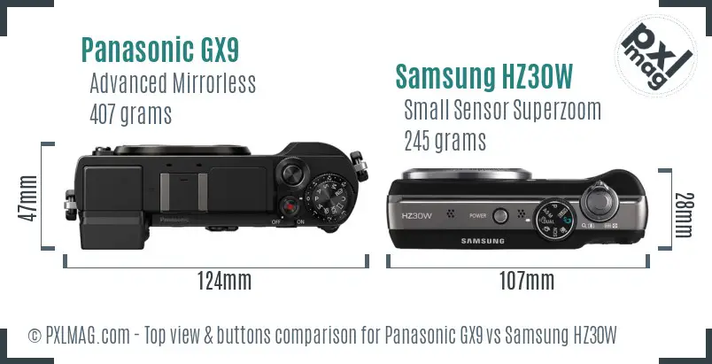 Panasonic GX9 vs Samsung HZ30W top view buttons comparison Panasonic GX9 vs Samsung HZ30W top view buttons comparison