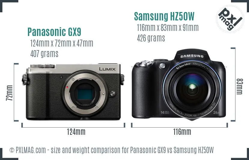 Panasonic GX9 vs Samsung HZ50W size comparison