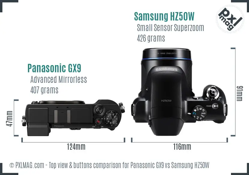 Panasonic GX9 vs Samsung HZ50W top view buttons comparison