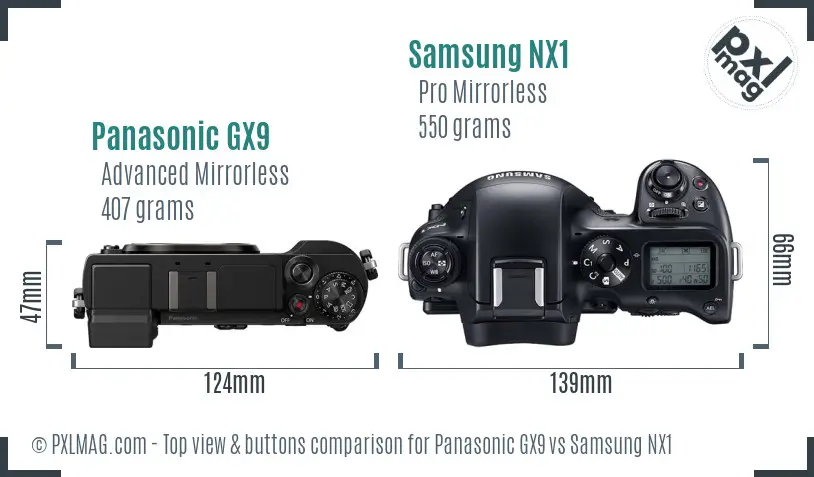 Panasonic GX9 vs Samsung NX1 top view buttons comparison Panasonic GX9 vs Samsung NX1 top view buttons comparison