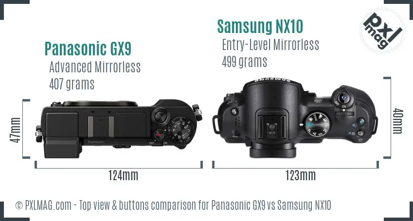 Panasonic GX9 vs Samsung NX10 top view buttons comparison Panasonic GX9 vs Samsung NX10 top view buttons comparison