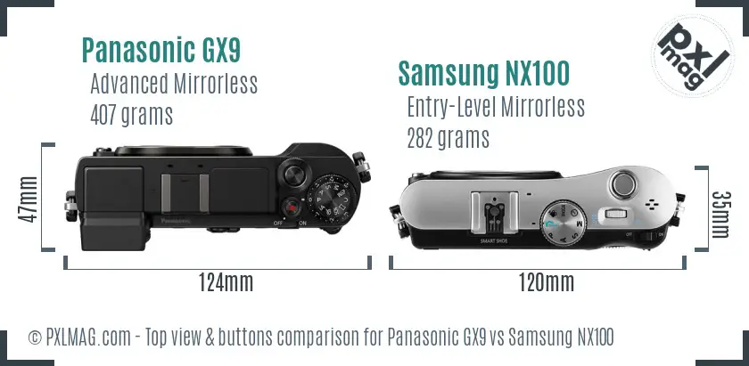 Panasonic GX9 vs Samsung NX100 top view buttons comparison