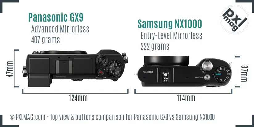 Panasonic GX9 vs Samsung NX1000 top view buttons comparison Panasonic GX9 vs Samsung NX1000 top view buttons comparison