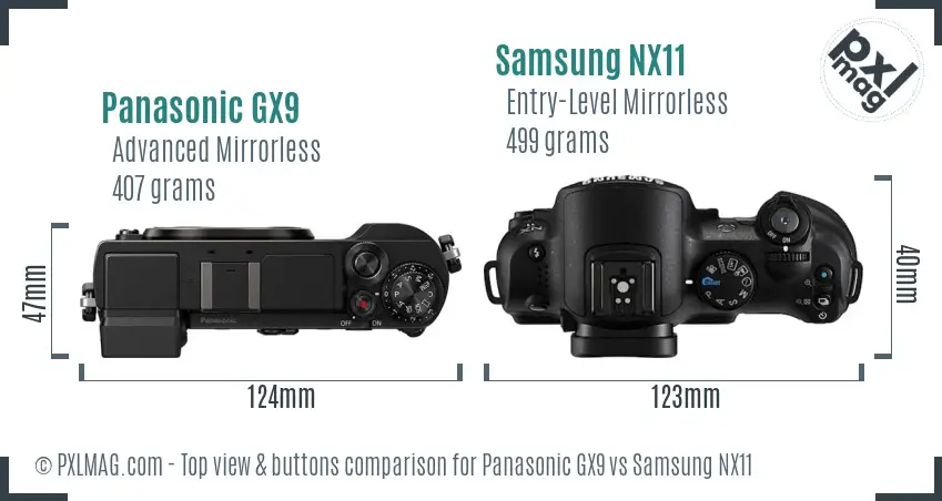 Panasonic GX9 vs Samsung NX11 top view buttons comparison