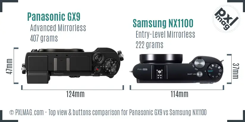 Panasonic GX9 vs Samsung NX1100 top view buttons comparison