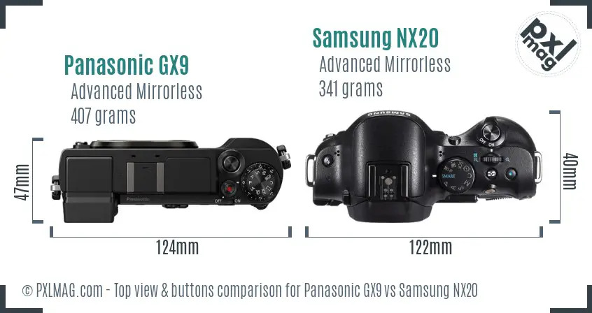 Panasonic GX9 vs Samsung NX20 top view buttons comparison