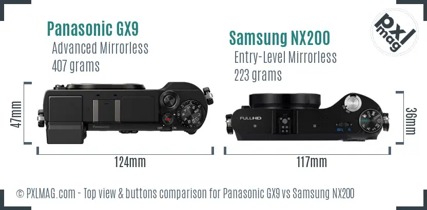 Panasonic GX9 vs Samsung NX200 top view buttons comparison