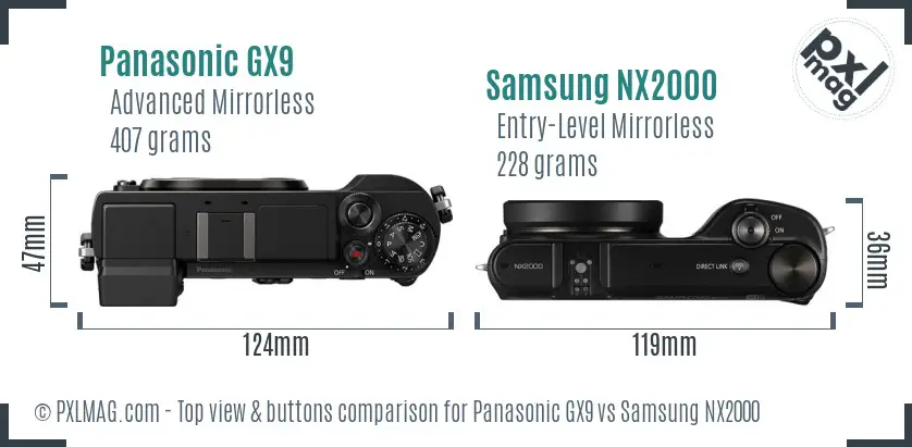Panasonic GX9 vs Samsung NX2000 top view buttons comparison