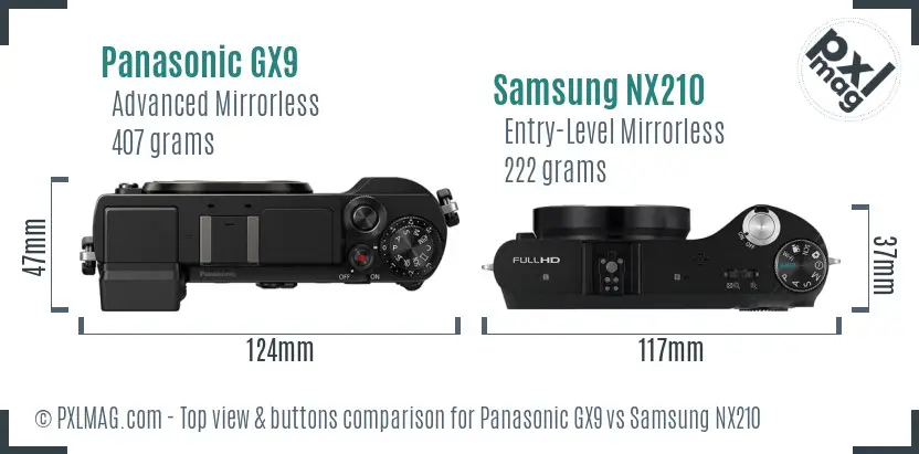 Panasonic GX9 vs Samsung NX210 top view buttons comparison Panasonic GX9 vs Samsung NX210 top view buttons comparison