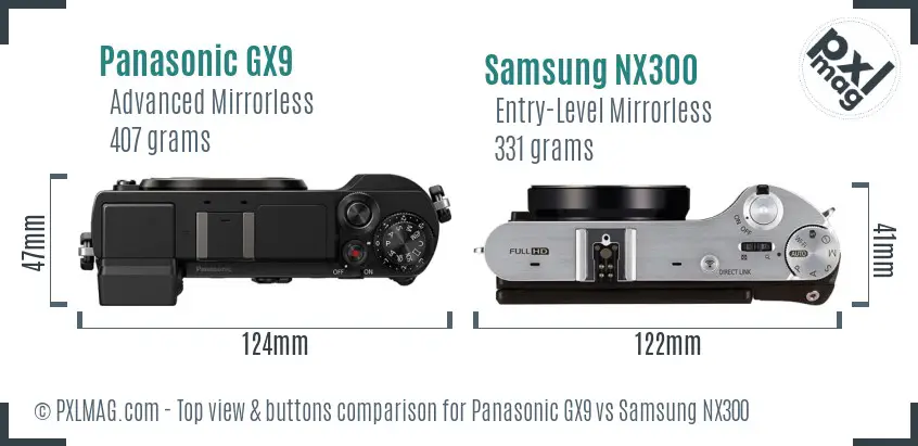 Panasonic GX9 vs Samsung NX300 top view buttons comparison