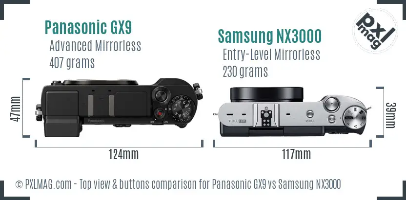 Panasonic GX9 vs Samsung NX3000 top view buttons comparison