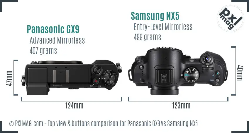 Panasonic GX9 vs Samsung NX5 top view buttons comparison
