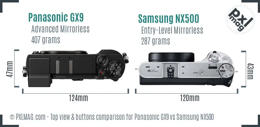Panasonic GX9 vs Samsung NX500 top view buttons comparison