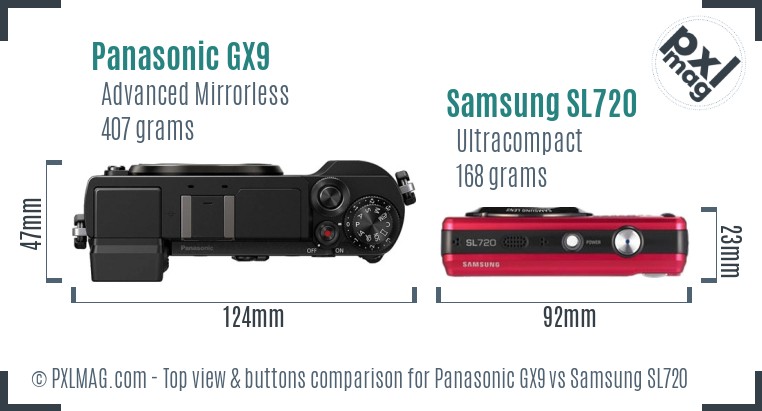 Panasonic GX9 vs Samsung SL720 top view buttons comparison