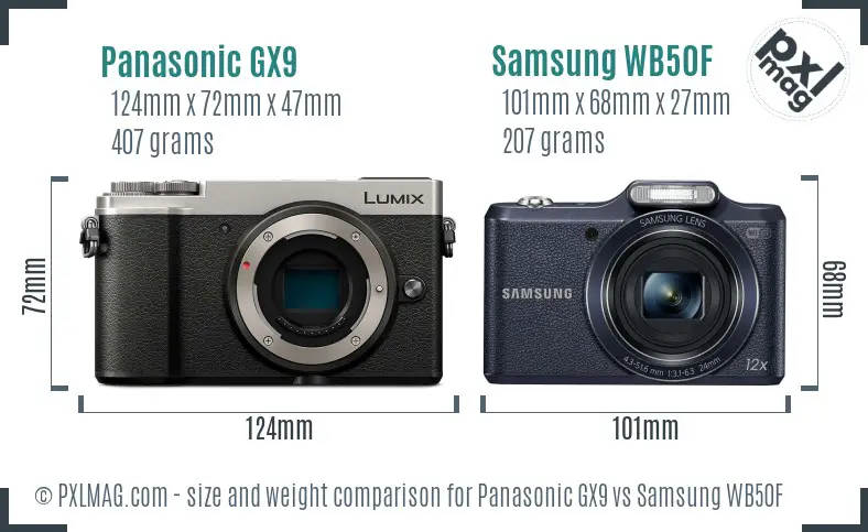 Panasonic GX9 vs Samsung WB50F size comparison