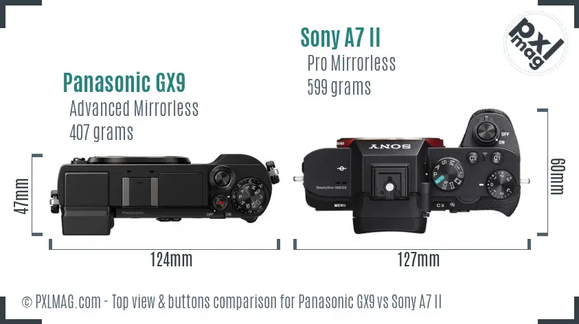 Panasonic GX9 vs Sony A7 II top view buttons comparison