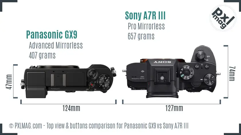 Panasonic GX9 vs Sony A7R III top view buttons comparison