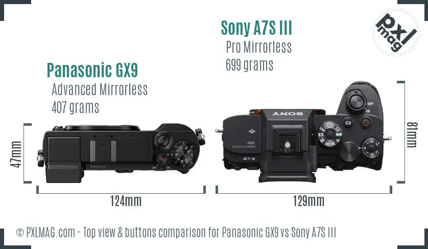 Panasonic GX9 vs Sony A7S III top view buttons comparison Panasonic GX9 vs Sony A7S III top view buttons comparison