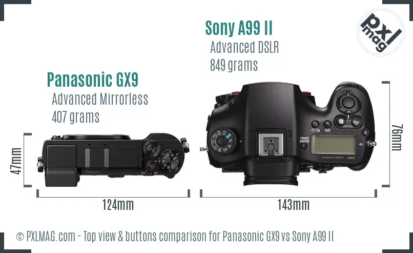 Panasonic GX9 vs Sony A99 II top view buttons comparison