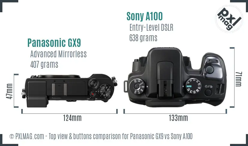 Panasonic GX9 vs Sony A100 top view buttons comparison