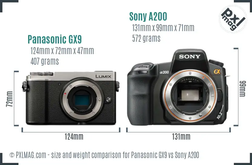 Panasonic GX9 vs Sony A200 size comparison