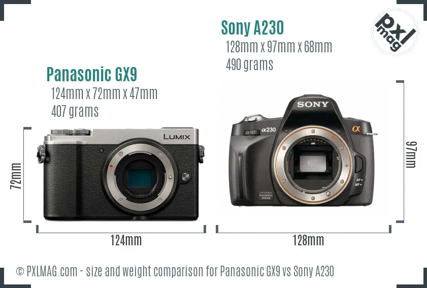 Panasonic GX9 vs Sony A230 size comparison