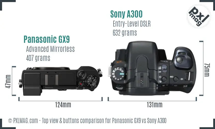 Panasonic GX9 vs Sony A300 top view buttons comparison